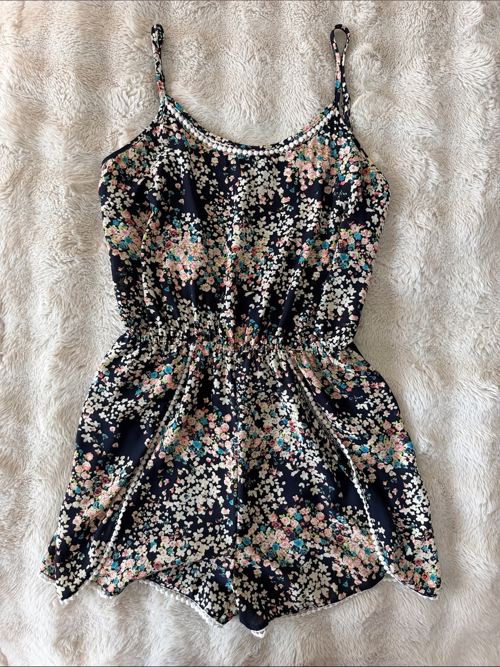 Soprano Navy Floral Spaghetti-Strap Romper with Pink & Teal Flowers